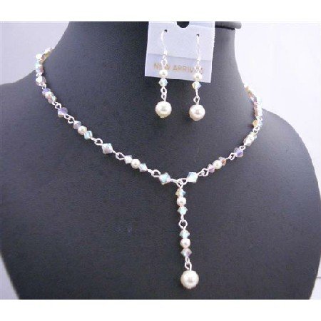 BRD670White Swarovski Crystals AB 2X w/Genuine Swarovski Cream Pearls Y Shaped Necklace Set