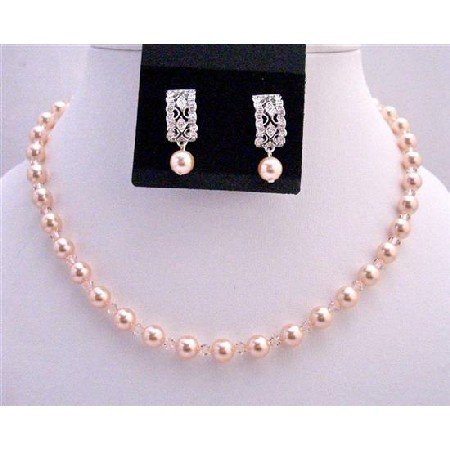 BRD728 Peach Bridemaides Pearls Crystals Jewlery Set Genuine Swarovski Pearls & Crystals Jewelry Set