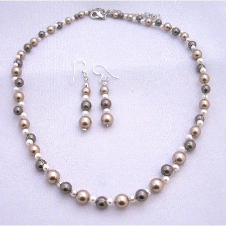 BRD871 Bronze Brown & Ivory Pearls Wedding Handcrafted Beautifuly TriColor Pearls Necklace Set
