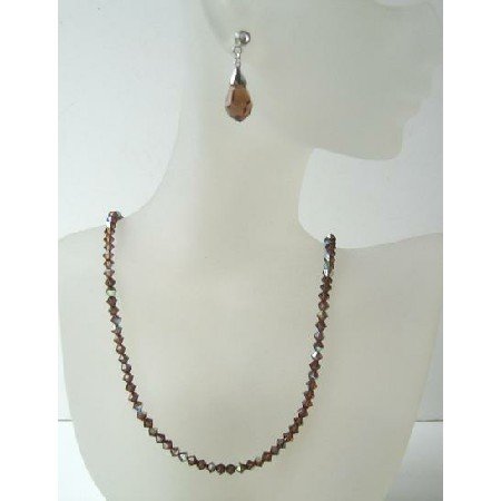 BRD359 Swarovski AB Smoked Topaz Crystals w/ TearDrop Earrings Handmade Necklace & Earrings Set