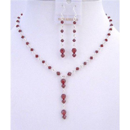 BRD736 Bridal Necklace Earrings Set Handmade Swarovski Siam Red Crystals Drop Down Jewelry Set