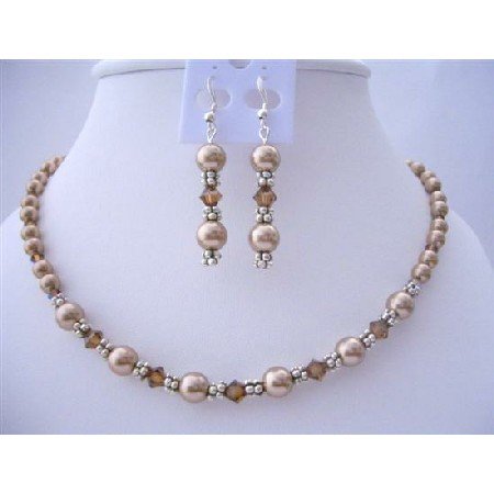 BRD409 Swarovski Bronze Pearls & SMoked Topaz Crystals Necklace Set w/ Bali Silver spacer Set