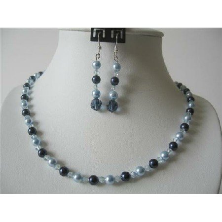 BRD512 Blue Pearls Swarovski Aquamarine Crystals Pearls w/ Night Blue Pearls Jewelry Sets