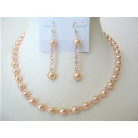BRD489 Swarovski Peach Pearls & Crystals Jewelry Sets Bridemaides Necklace Set