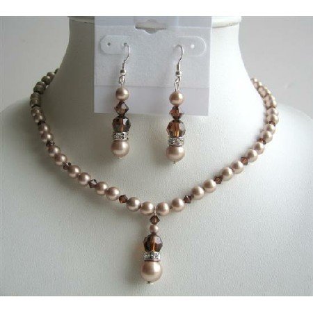 BRD448Powder Almond Pearls & Swarovski SMoked Topaz AB Crystals Handcrafted Set