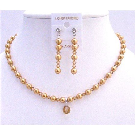 BRD714 Swarovski Gold Pearls Lite Colorado Crystals Bridal Custom Jewelry Set