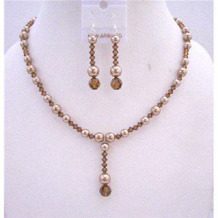 BRD622 Swarovski Bronze Pearls Necklace Set w/ Swarovski Smoked Topaz Crystals Drop Down