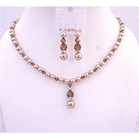 BRD621 Bronze Pearls Swarovski Smoked Topaz Crystals Jewelry Set Handcrafted Necklace Set