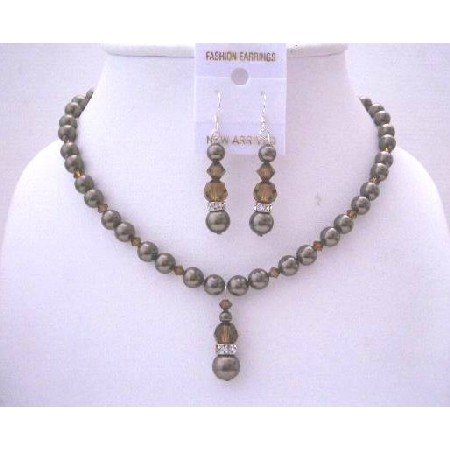 BRD506 Brown Chocolate Pearls & Swarovski Crystals SMoked Topaz Handcrafted Jewelry Set