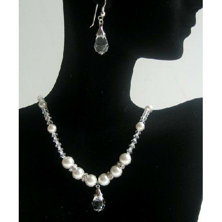 BRD365Swarovski Clear Crystals Pearls Necklace w/Clear Crystals Teardrop Earrings Bridal Jewelry