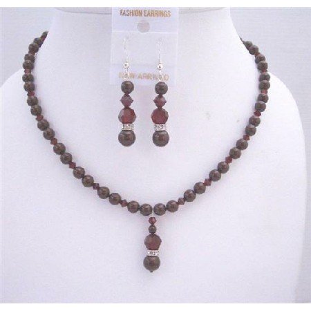 BRD556 Maroon Pearls Swarovski Dark Siam Red Crystals Drop Down Wedding Jewelry Set