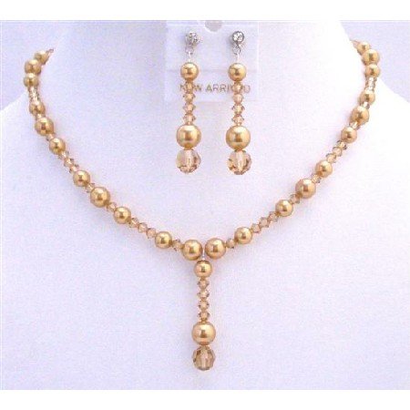 BRD726 Swarovski Lite Colorado Crystals Golden Pearls Necklace Set Wedding Jewelry Set