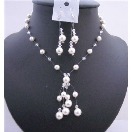 BRD635Swarovski Pearls Crystals Handmade Bridemaides Necklace Set w/ Drop Tassel