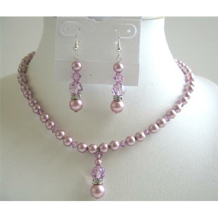 BRD590 Lavender Crystals Jewelry Set Rose Pink Pearls & swarovski Lavender crstal Necklace Set
