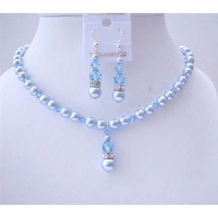 BRD573 Blue Aquamarine Swarovski Pearls & Aquamarine Crystals Wedding Jewelry Set