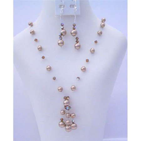 BRD407 Swarovski Bronze Pearls And AB Smoked Topaz Crystals Necklace Set w/ Drop Tassel
