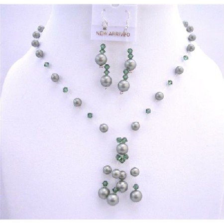 BRD631Powder Green Pearls Turmarine Green Crystals Swarovski Pearls Crystals w/ Drop Tassel