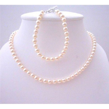 BRD438 Ivory Pearls Flower Girl Jewelry Necklace & Bracelet Genuine Swarovski Pearls 6mm