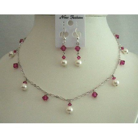 BRD318Bridal Jewelry Good Rhodium Necklace Genuine Swarovski Pearls & Crystals Necklace Set