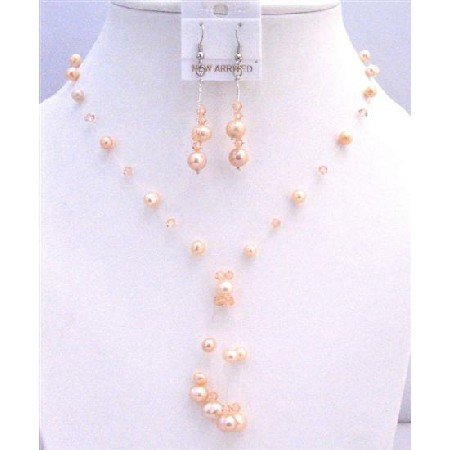 BRD847 Swarovski Peach Pearls w/Swarovski Peach Crystals Tassel Drop Down Jewelry Set