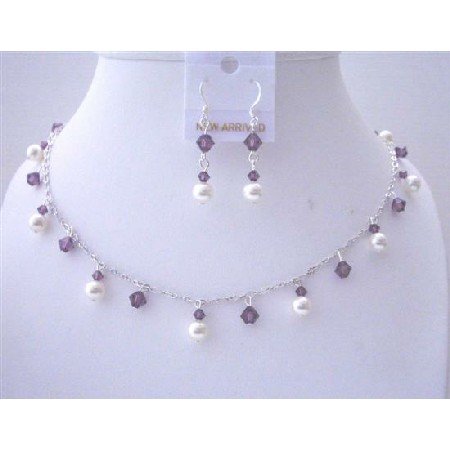 BRD485Bridemaides Handcrafted Jewelry Swarovski Amethyst Crystals&White Pearls Necklace Set