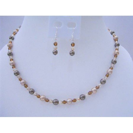 BRD413 Swarovski Crystals & Pearls Birdal Bridemaides Brown Pearls Crystals Jewelry Set