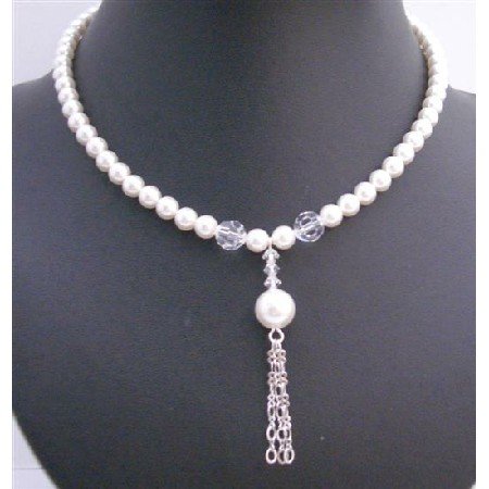 BRD687 White Pearls Swarovski Pearls 8mm Necklace w/ Tassel Drop Down Necklace