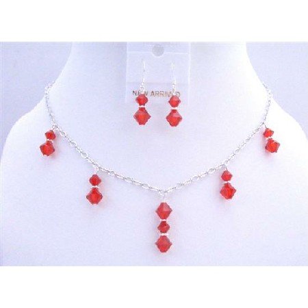 BRD691 Lite Siam Red Swarovski Crystals Necklace Set Red Crystals Beads Dangling Jewelry Set