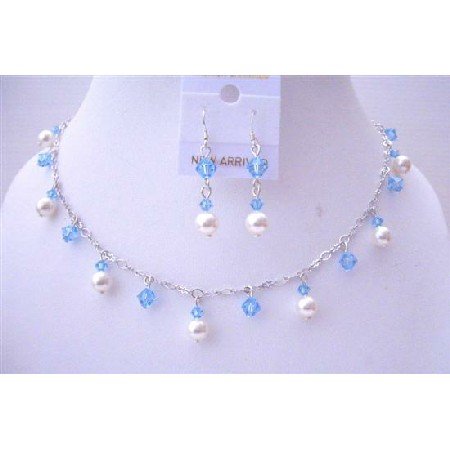 BRD541 Aquamarine Crystals White Pearls Swarovski Pearls And Crystals Necklace Set