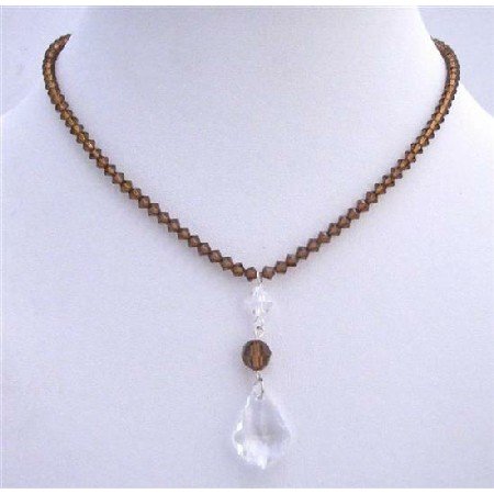 BRD701 Smoked Topaz Genuine Swarovski Clear Crystals Polygon Beads Necklace