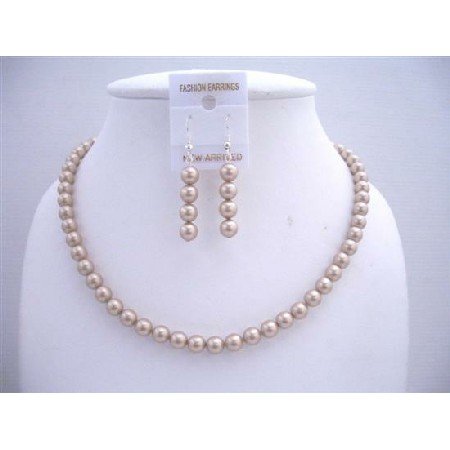 BRD571 Swarovski Champagne Pearls Jewelry Set w/ Dangling Pearls Earrings