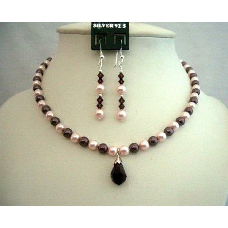 BRD315 Genuine Swarovski Rosaline & Burgundy Pearls Necklace Set Bridesmaides Bridal Jewelry