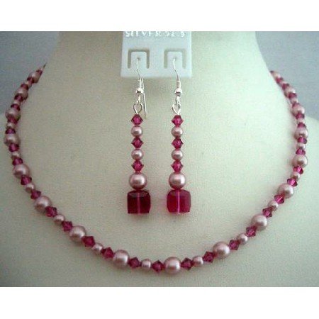 BRD340 Handcrafted Genuine Swarovski Rose Pink Pearls & Fuschia Crystals Necklace Set