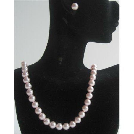 BRD435Genuine Swarovski Pink Pearls Necklace Set w/ Stud Pearls Earrings