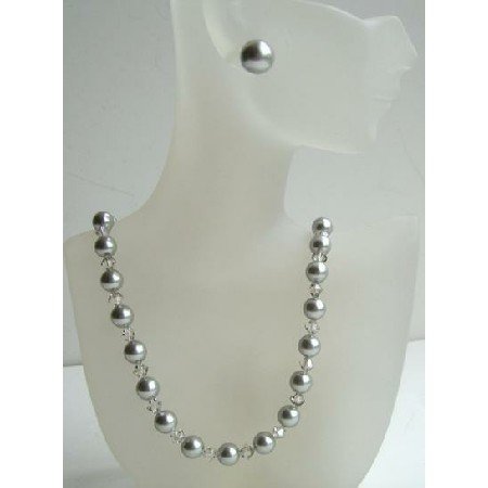 BRD362 Swarovski Clear Crystals & Grey Pearls w/ Grey Stud Earrings Perfect Jewelry Set