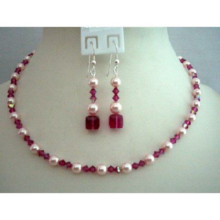 BRD339 Pink Bride Bridemaids Jewelry Genuine Swarovski Rose Pink & AB Fuschia Crystals Necklace Set