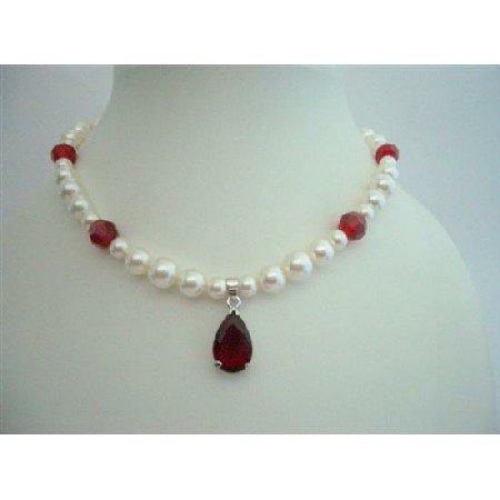 BRD229 Bridal Necklace Genuine Swarovski Cream Pearls & Siam Red Crystals w/ Pendant Handcrafted