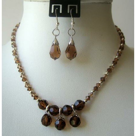 BRD314 Smoked Topaz Crystals TearDrop Necklace Set Wedding Jewelry Genuine Crystals