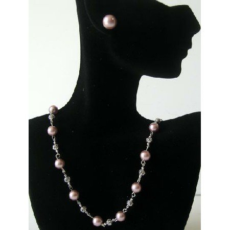 BRD351 Handmade Genuine Swarovski Powder Rose Pearls Necklace w/ Stud Earrings