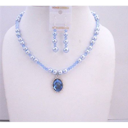 BRD577 Swarovski Blue Pearls Lite Sapphire Swarovski Crystals w/ Crystals Pendant Necklace Set