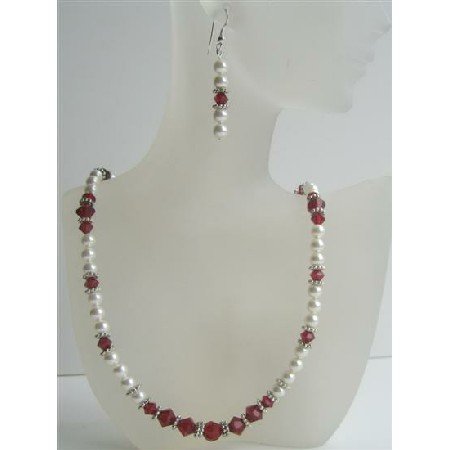 BRD386 Genuine Pearls & Crystals Handmade Jewelry w/Swarovski White Pearls & Siam Red Crystals