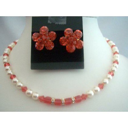BRD296Wedding Jewelry Bridal Necklace Set w/Genuine Cream Pearls & Padparadscha Crystals