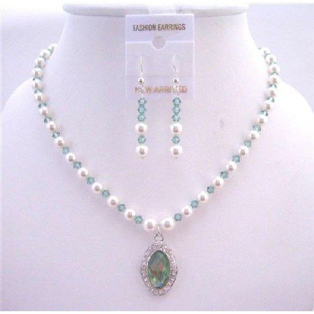 BRD262 Genuine Erinite Crystals & White Pearls Necklace Set