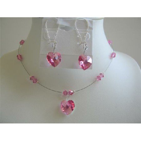 NSC558Fuschia Heart Crystals Pendant Earrings Necklace Set Genuine Swarovski Crystals Heart Jewelry