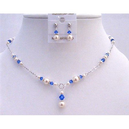 NSC653 Necklace Set White Pearls & Sapphire Crystals w/Bali Silver Jewelry Set