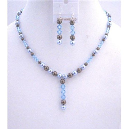 NSC527Champagne Pearls Jewelry Set Bridal Champagne Necklace Set w/Smoked Topaz Drop Down