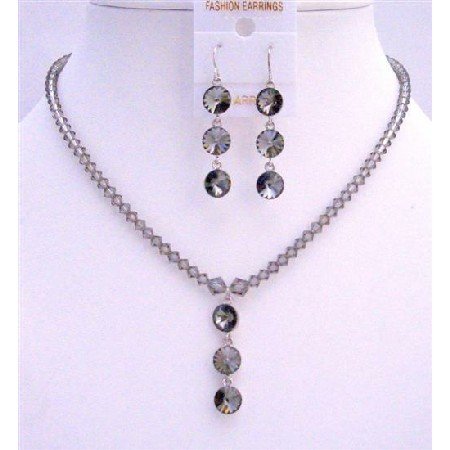 NSC605Black Diamond Swarovski Crystals w/ Round Crystals 3 Beads Pendant Earrings Necklace Set