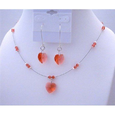 NSC488 Padparadscha Crystals Heart Necklace Set w/ Sterling Silver Hoop Heart Dangling