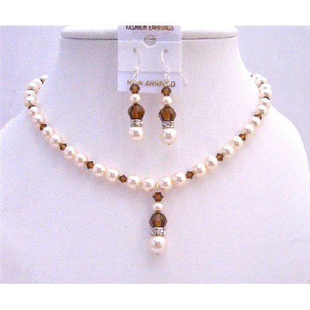NSC633Swarovski Ivory Pearls Smoked Topaz Crystals w/ Silver Rondells Jewelry Set