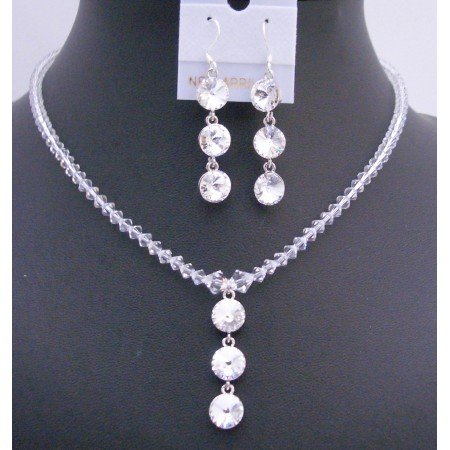 NSC612Drop Down Pendant Necklace Set Genuine Swarovski Clear Crystals Sterling Silver Earrings